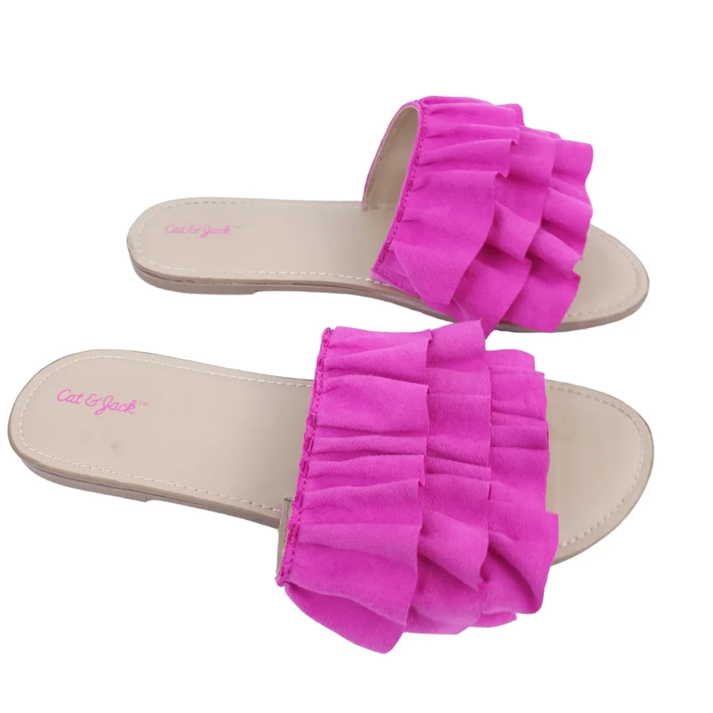 Cat & Jack Girls Sandals Open Toe Size 3, Tan, Pink Ruffles, Flat Summer Shoes